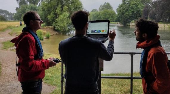 Watching the river flow: (left to right) Nick, Felipe and Doran monitor data transmitted from the ARC boat.